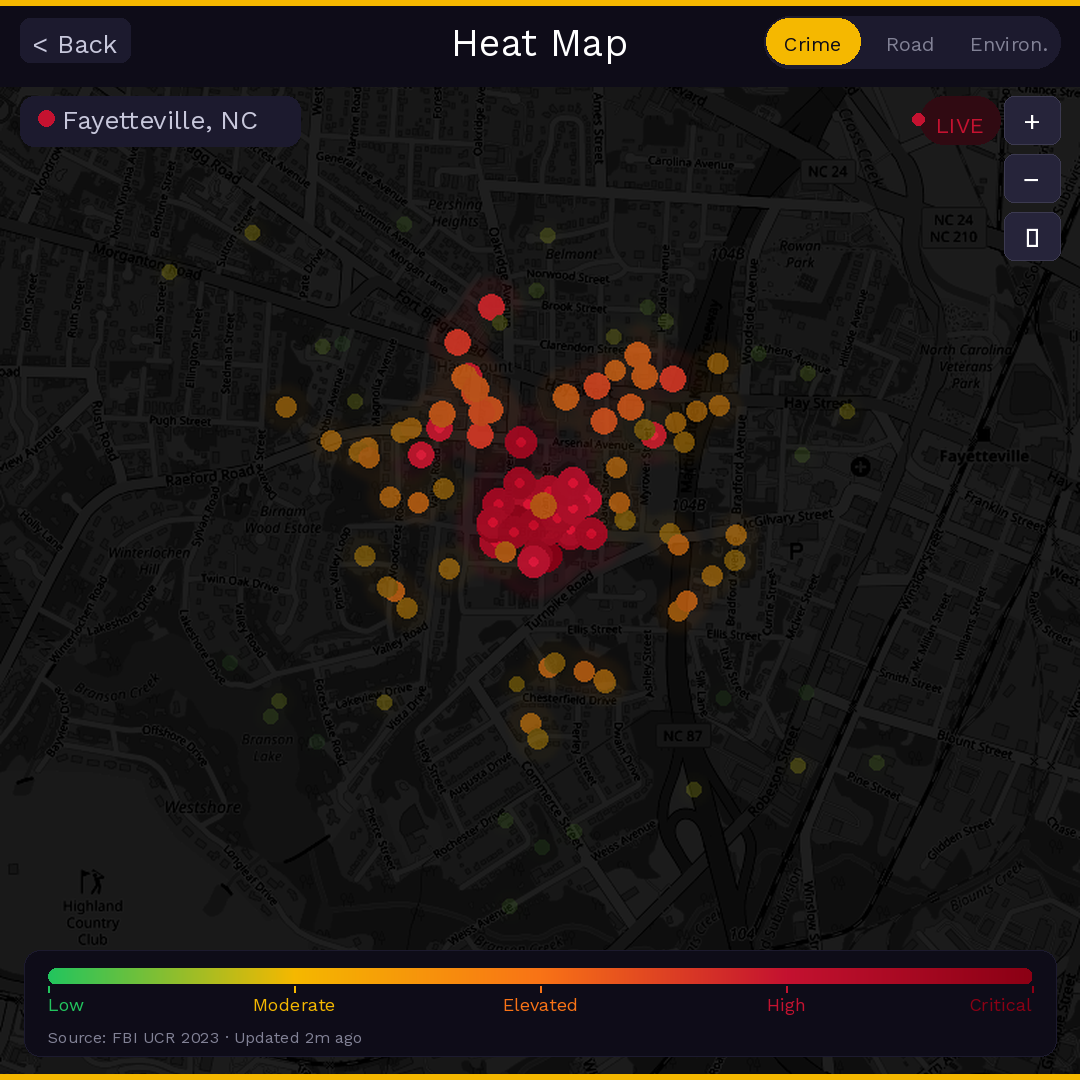 SafeScore heat map showing crime density by neighborhood